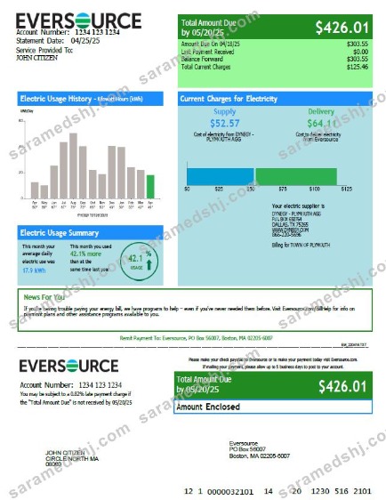 USA Eversource utility bill template in Word and PDF formats